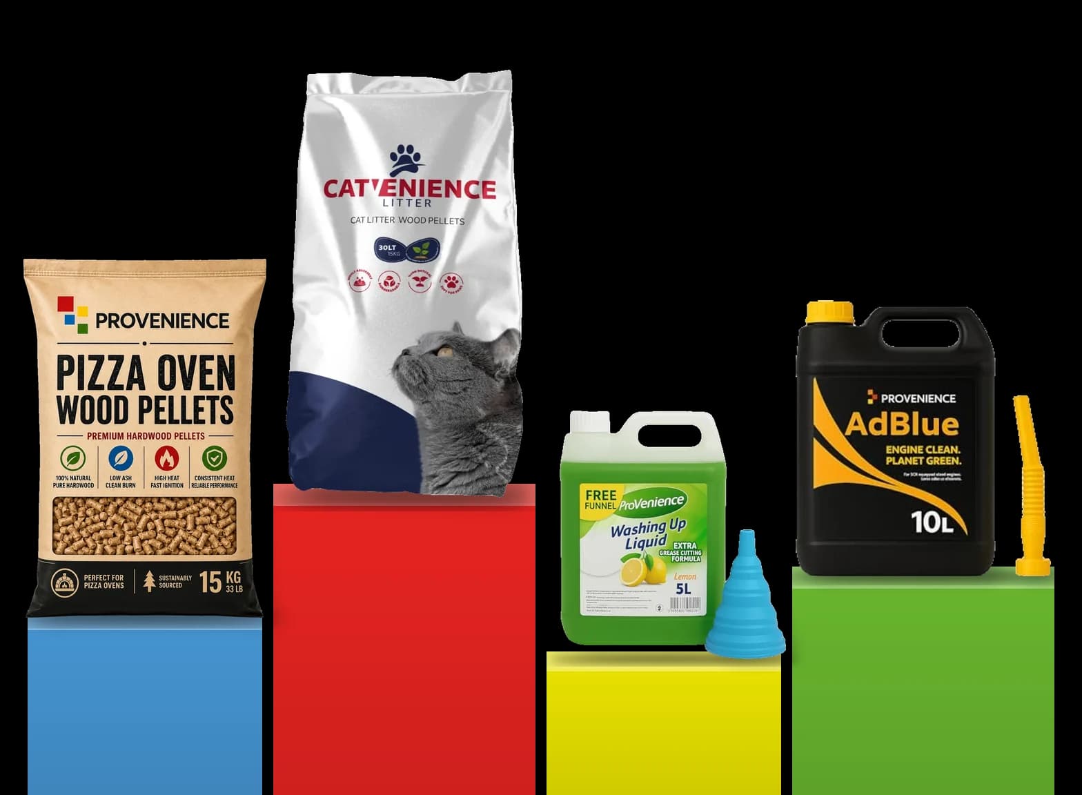 ProVenience pizza oven pellets, Catvenience cat litter, washing-up liquid and AdBlue standing on red, yellow, blue and green blocks